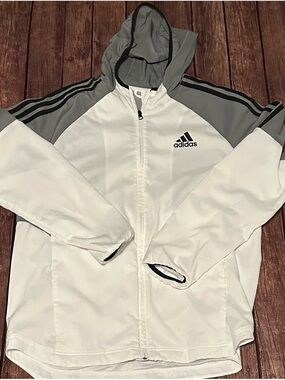 adidas White and Gray Hooded Track Jacket with Black Accents